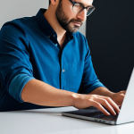 A professional adult in a modest business casual outfit, sitting at a clean, modern desk in a well-lit home office. One hand rests on a non-functional laptop, while the other gestures towards a brand-new, sleek laptop box. The individual has a contemplative expression, weighing the decision to repair or replace. The setting is neat and organized, with a minimalist aesthetic. Professional photography, high detail, sharp focus, vibrant colors, soft natural light. safe for work, appropriate content, fully clothed, professional, perfect anatomy, correct proportions, natural pose, well-formed hands, proper finger count, natural body proportions.
