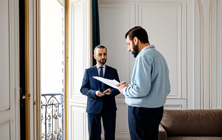 **

"A tenant and landlord amicably conducting an apartment move-out inspection, fully clothed, appropriate attire, safe for work. The scene is in a well-lit Parisian apartment. Focus on the details of the "état des lieux" document. Professional photography, perfect anatomy, natural proportions, family-friendly, modest clothing."

**