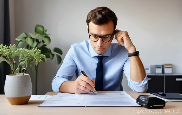 신차 등록비용 - **Prompt:** A modern French adult, looking thoughtfully stressed, sits at a clean, contemporary home...