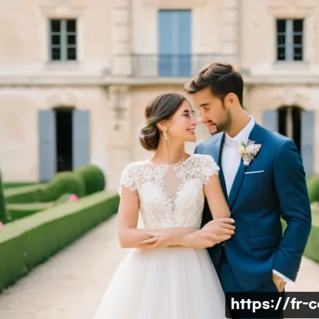 웨딩 촬영 비용 - A sophisticated French wedding photo session featuring a bride and groom in elegant classic attire, ...