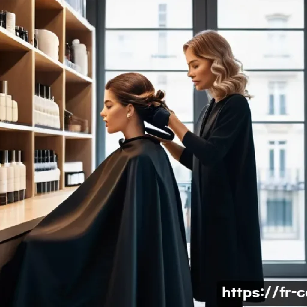 미용실 펌 비용 - A stylish French salon interior with a professional hairstylist applying a gentle, organic perm trea...