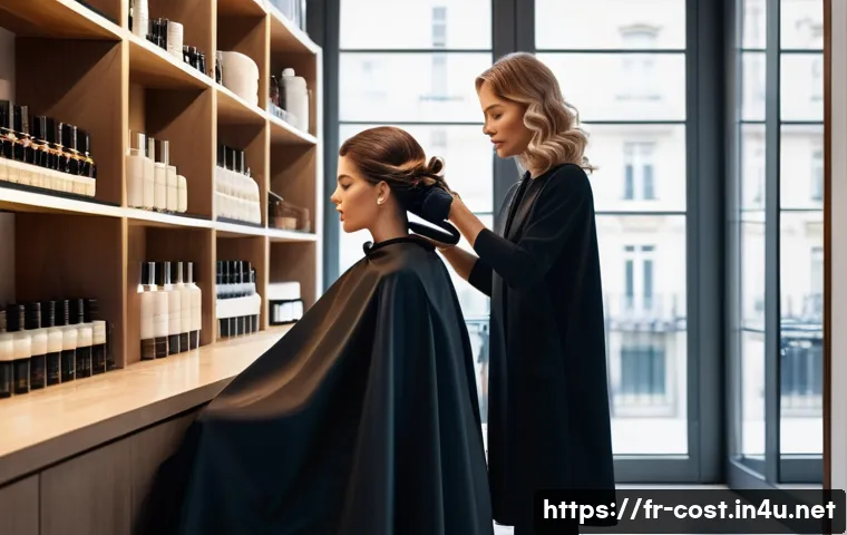 미용실 펌 비용 - A stylish French salon interior with a professional hairstylist applying a gentle, organic perm trea...