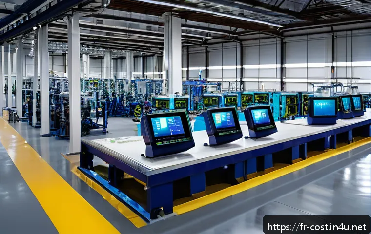 공장 운영비 - A modern industrial factory interior during nighttime, showcasing energy-efficient machines operatin...