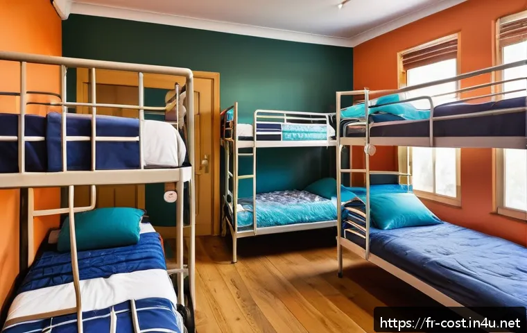 호주 워킹홀리데이 비용 - A cozy hostel dormitory room in Melbourne filled with diverse young travelers from various countries...
