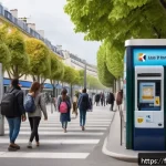 Home 20 버스비 환승요금 - A detailed, realistic scene of a busy Île-de-France bus stop during the day, showing diverse passeng...