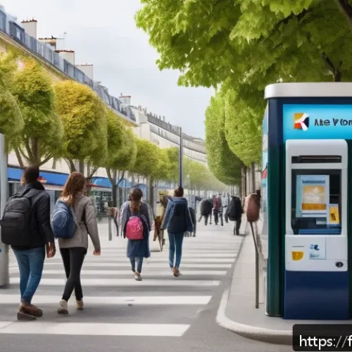 Home 32 버스비 환승요금 - A detailed, realistic scene of a busy Île-de-France bus stop during the day, showing diverse passeng...