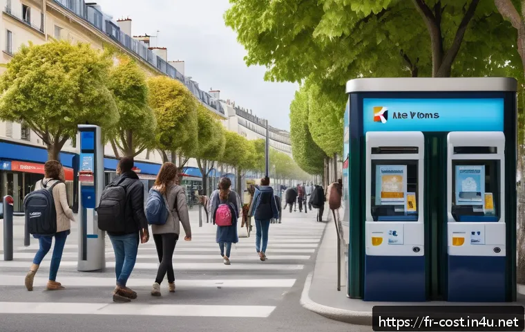 버스비 환승요금 - A detailed, realistic scene of a busy Île-de-France bus stop during the day, showing diverse passeng...