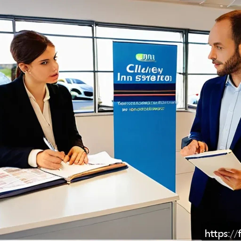 중고차 매매 수수료 - A detailed and realistic scene of a French car dealership office where a professional seller is expl...