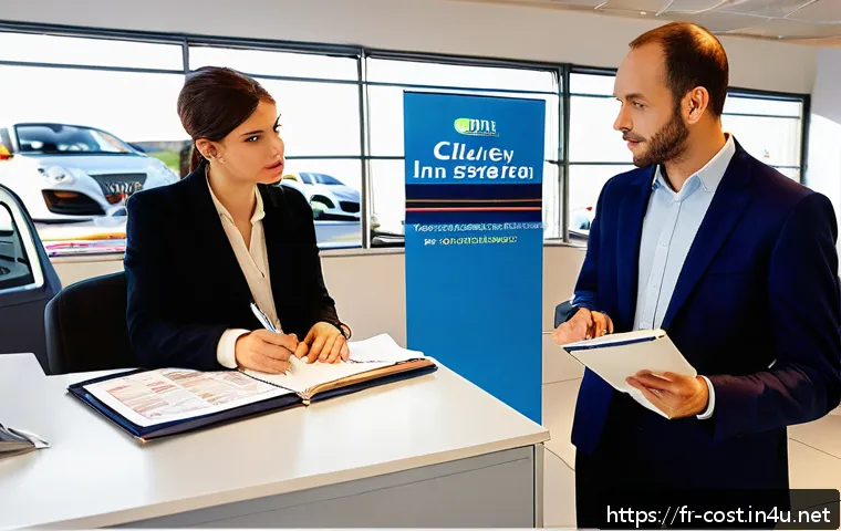 중고차 매매 수수료 - A detailed and realistic scene of a French car dealership office where a professional seller is expl...