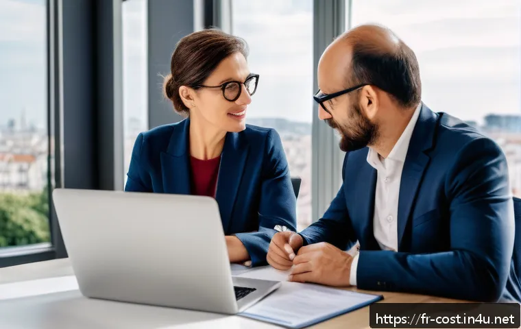 창업 컨설팅 비용 - A professional French entrepreneur consulting session scene, featuring a mid-aged consultant in smar...