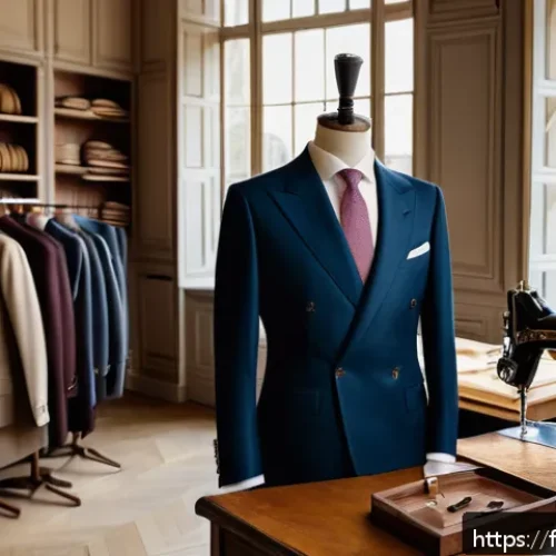 Home 17 정장 맞춤 비용 - A luxurious bespoke men’s suit atelier interior in Paris, showcasing a master tailor measuring a cli...