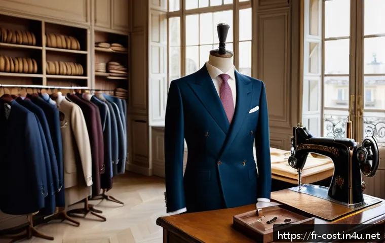 정장 맞춤 비용 - A luxurious bespoke men&rsquo;s suit atelier interior in Paris, showcasing a master tailor measuring a cli...