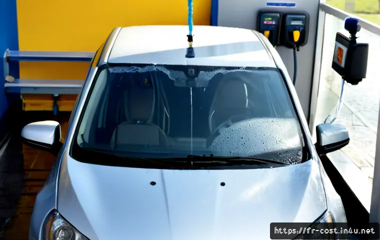 자동차 세차 비용 - Photorealistic French self-service car wash on a bright morning, a clean silver compact hatchback be...