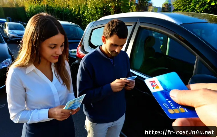 Home 17 차량 렌트 비용 - Photorealistic French car rental cost comparison scene, a compact modern hatchback and a family SUV ...