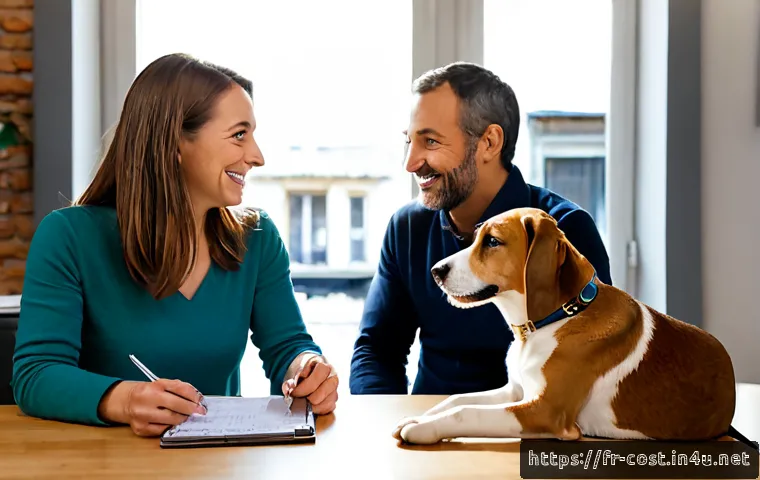 Home 17 입양 비용 - Photorealistic French couple in their 40s meeting a compassionate animal shelter advisor in a bright...