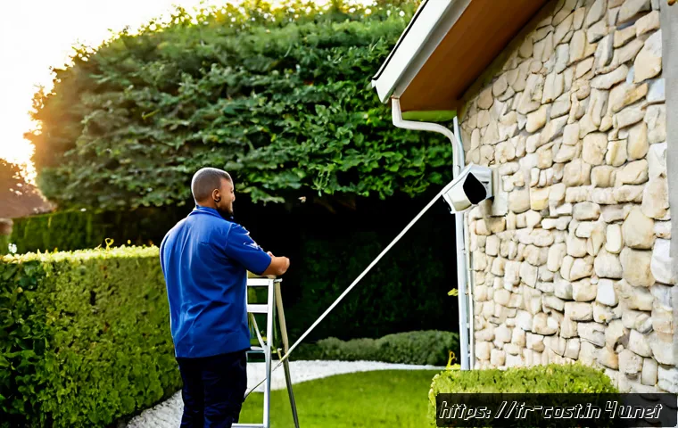 가정용 CCTV 설치비 - Photorealistic French suburban home exterior at golden hour, professional technician in neat neutral...